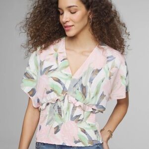 WHBM Women's Cropped Blouse Sz 14 Pastel Floral Pink/Blue Smocked Spring Vibes